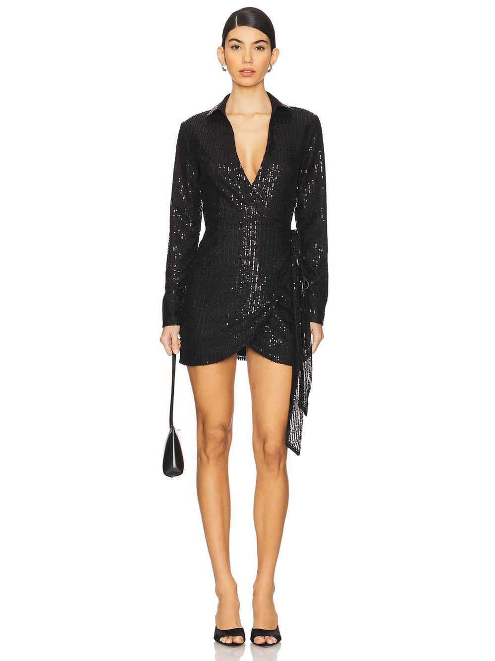 Super  down Sabine Black Sequin Wrap Mini Dress - Women's Evening Dress